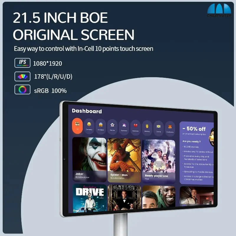 21.5” Smart Touch Display – Android 12 All-in-One Portable Monitor with Battery & Rotating Stand